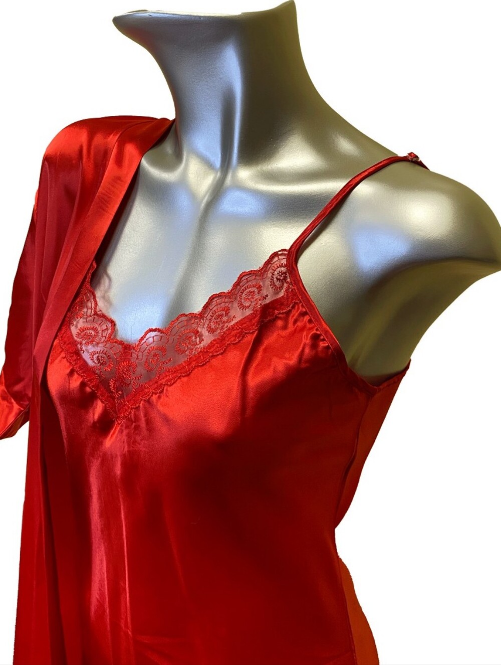 Red Satin Lace Trim Chemise and Robe Set -bust 42 Width 44
